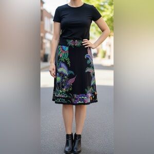 DESIGUAL Black Colorful Floral Design Boho A Line Lace Trimed Skirt Small